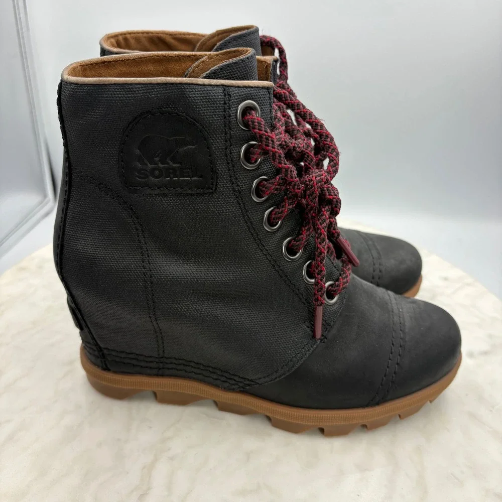 Sorel PDX Wedge Boots Women 6.5 Black Excellent LaceUp Canvas Leather Waterproof